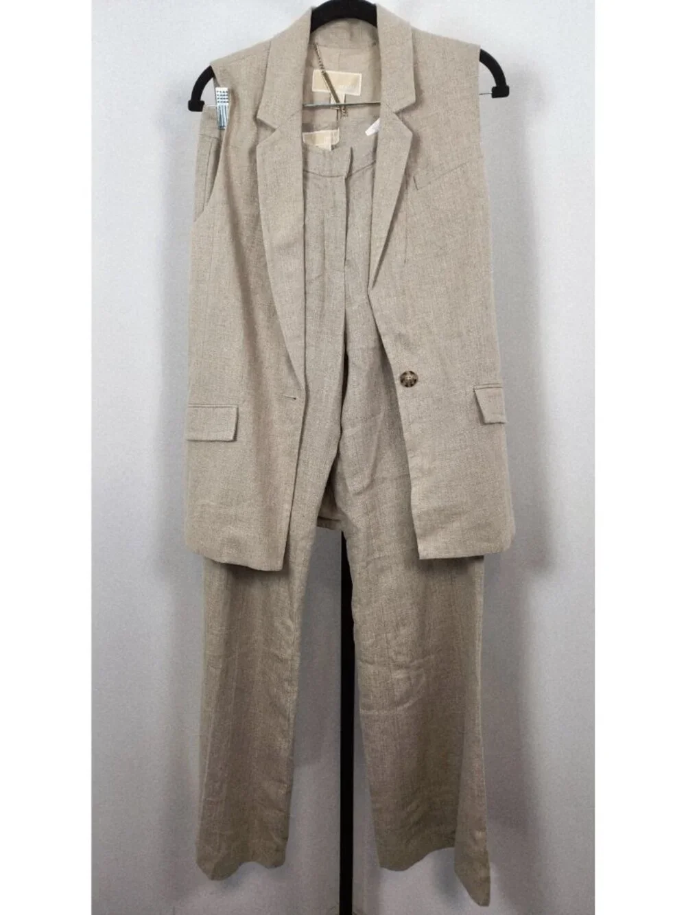 Michael Kors Two Piece Women's Lined Tuxedo Style Vest Linen Pant Set-Tan-SZ 4/S